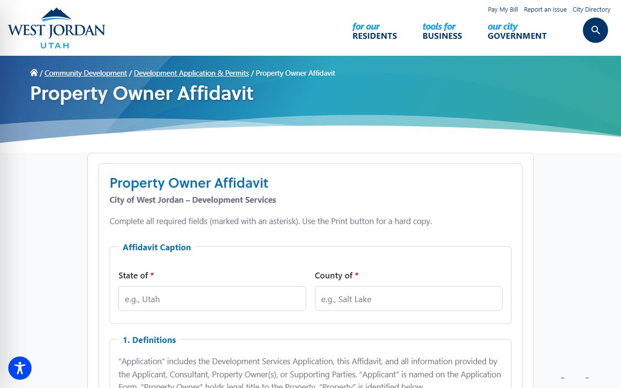 West Jordan property information page for tax records