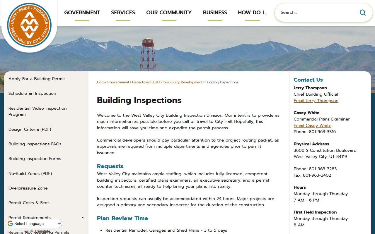 West Valley City building department for property tax records