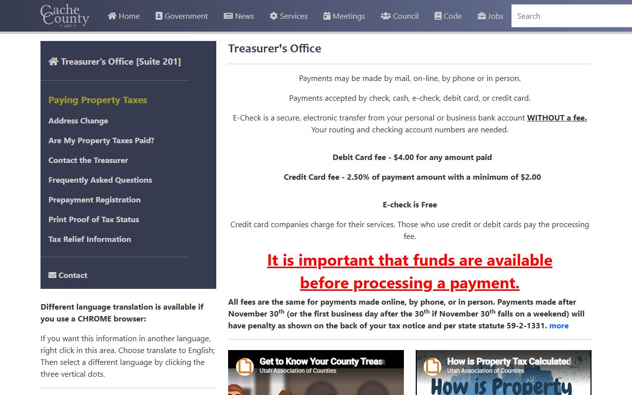 Cache County Treasurer office for property tax billing and collection