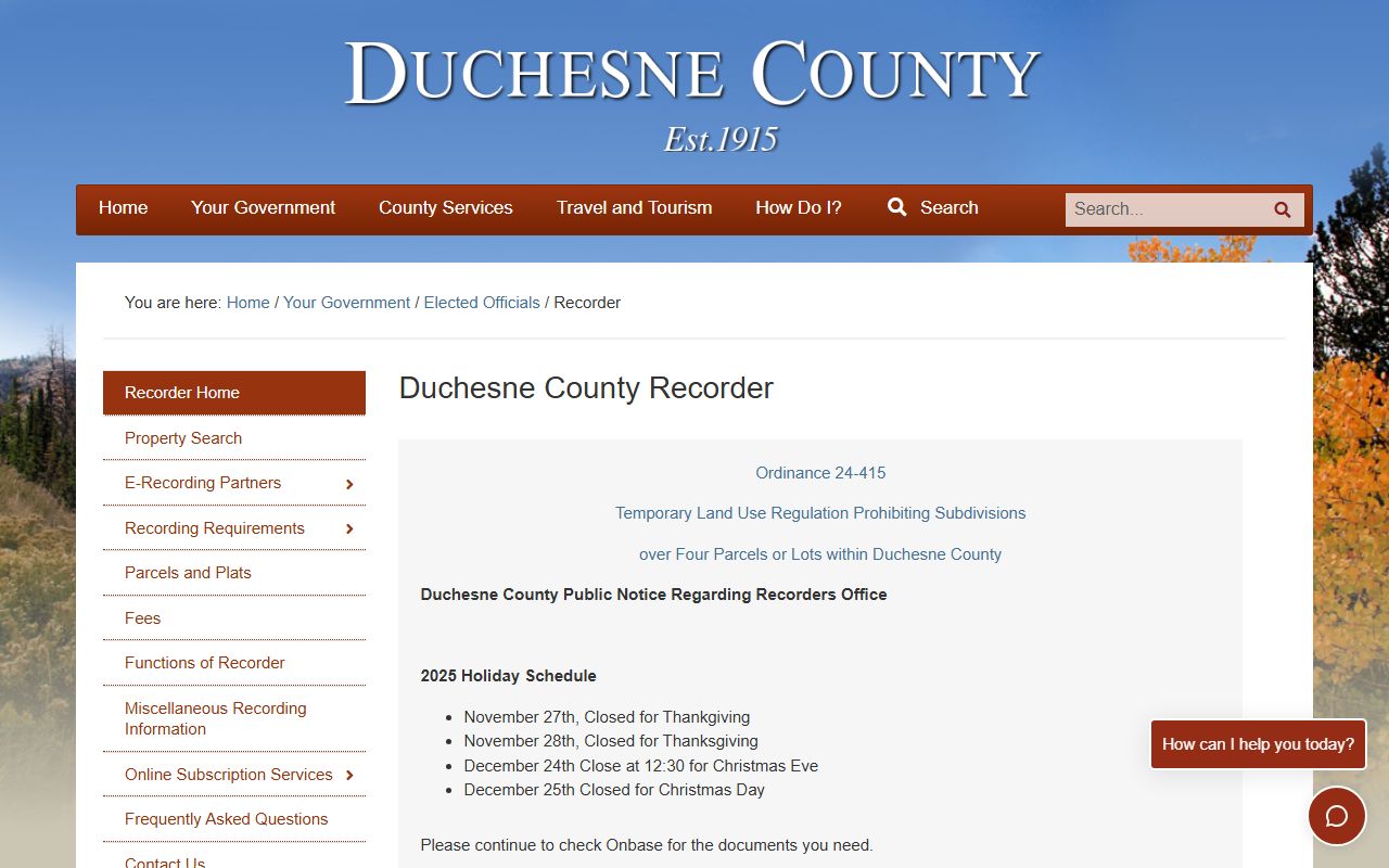 Duchesne County Recorder website for property tax records and deeds