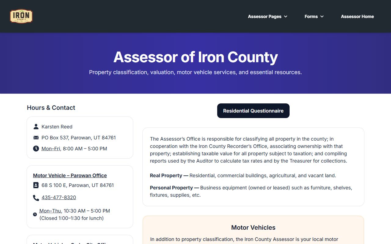 Iron County Assessor website for property tax records in Parowan Utah
