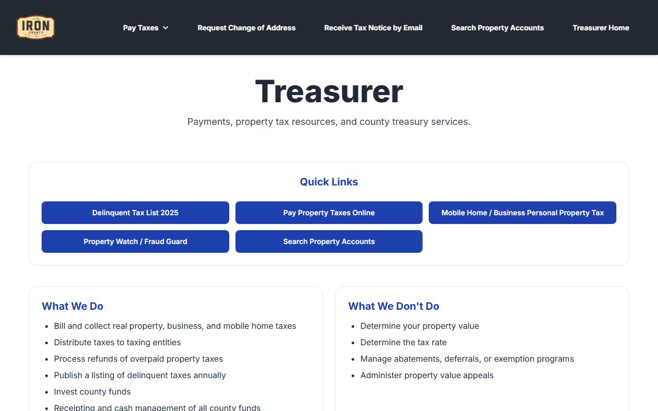 Iron County Treasurer website for property tax payments and balances