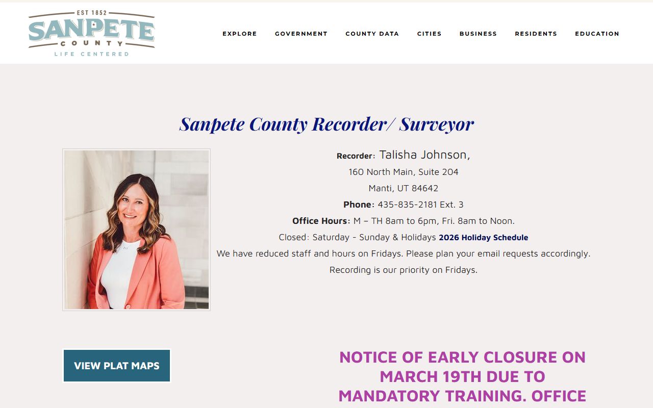 Sanpete County Recorder website for property documents and deed records in Manti Utah
