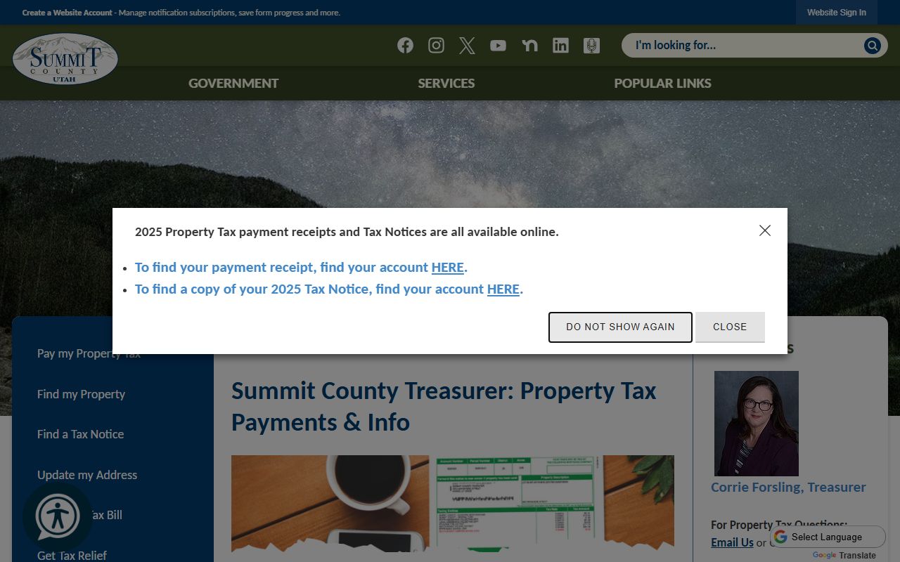 Summit County Treasurer website for property tax payments and balance inquiries in Coalville Utah