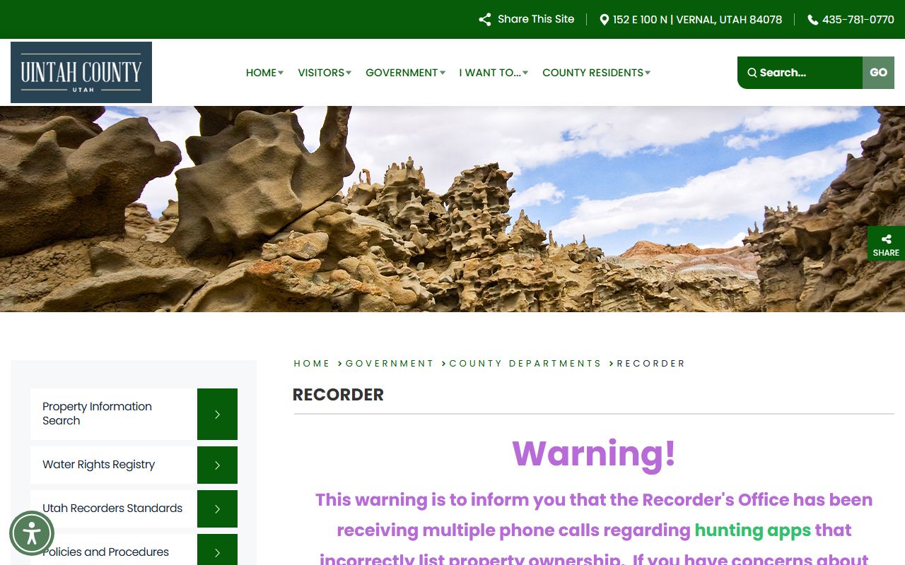 Uintah County Recorder website for property documents and deed records in Vernal Utah