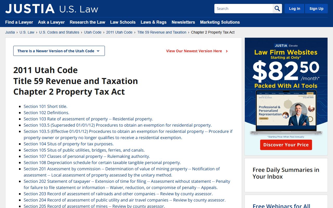 Justia legal code archive showing the Utah Property Tax Act history and statutes