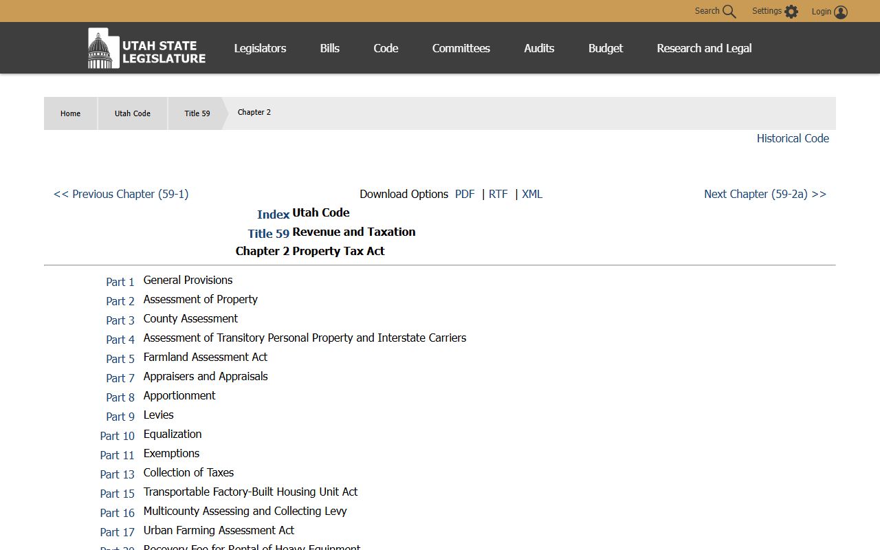 Utah Property Tax Act at the Utah State Legislature website covering assessment rules