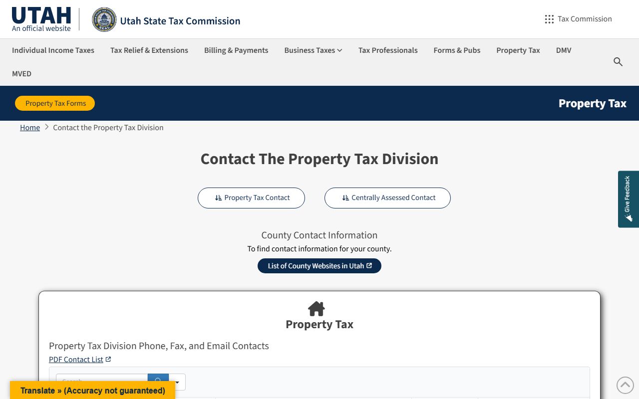 Utah Property Tax Division contact page showing exemptions and assistance programs